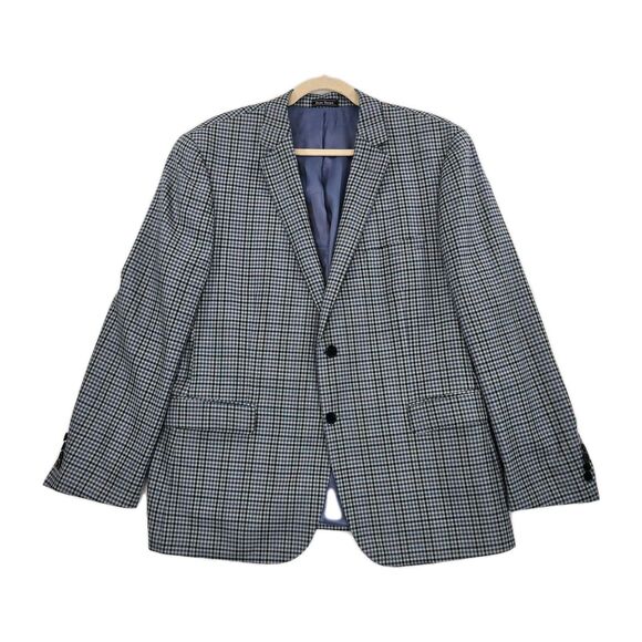 Enzo Tovare Blazer Mens 46R Blue Check Plaid Wool Sport Coat Two Button Lined - Picture 1 of 16